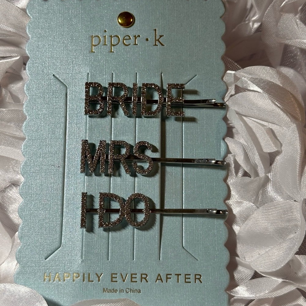 Piper K, Happily ever after rhinestone hair pins, bobby pins. Bride, MRS, I DO